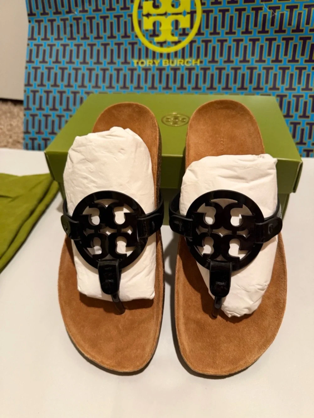 Tory Burch Miller Cloud Black Patent Logo Thong Sandals with Brown Suede Footbed